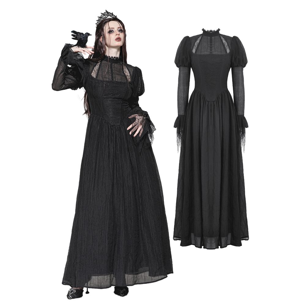 Dark in Love - Negative Gothic Spiderweb Patchwork Princess Sleeve Maxi lange jurk - Zwart